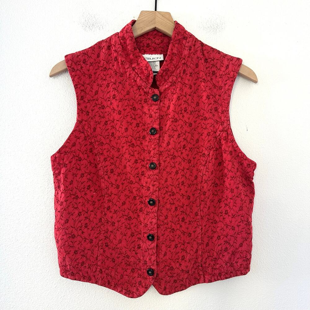 Vintage USA Made Vest Red Floral Tiburon Floral Embroidered Brocade Mandarin